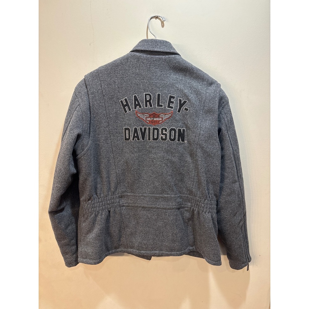 Vtg Harley Davidson Womens Gray Wool Blend Asymmetrical Zip Biker Jacket Large L